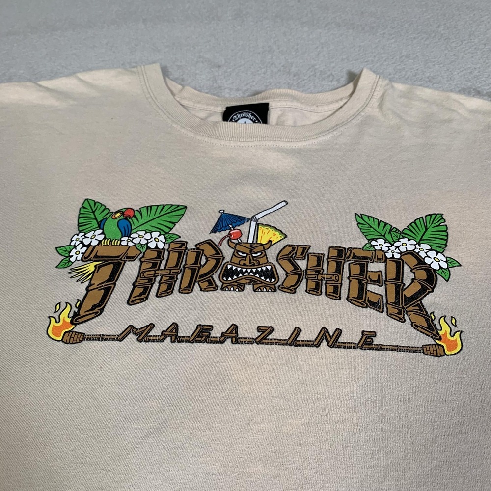 Vintage Thrasher Magazine Shirt Mens XL Beige Tiki Tropical Graphic Tee FLAWS